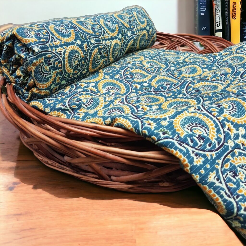 Kantha Cotton Fabric With Light Yellow Block Print.