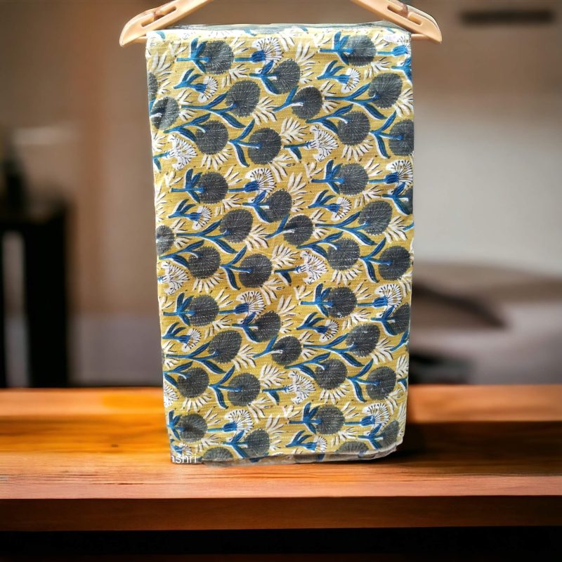 Pure Cotton Yellow with Floral print Block Printed Pure Cotton Fabric