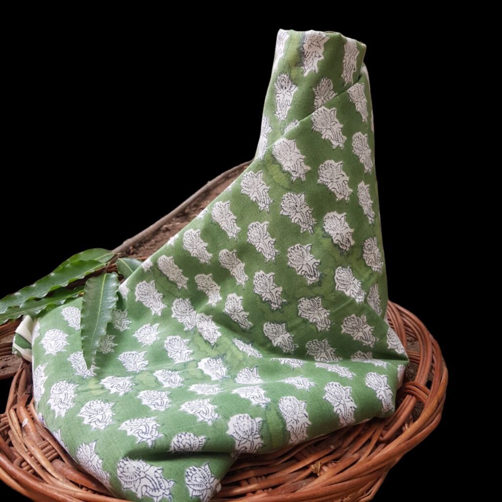 Pure Cotton Lotus Flower Block Printed Fabric