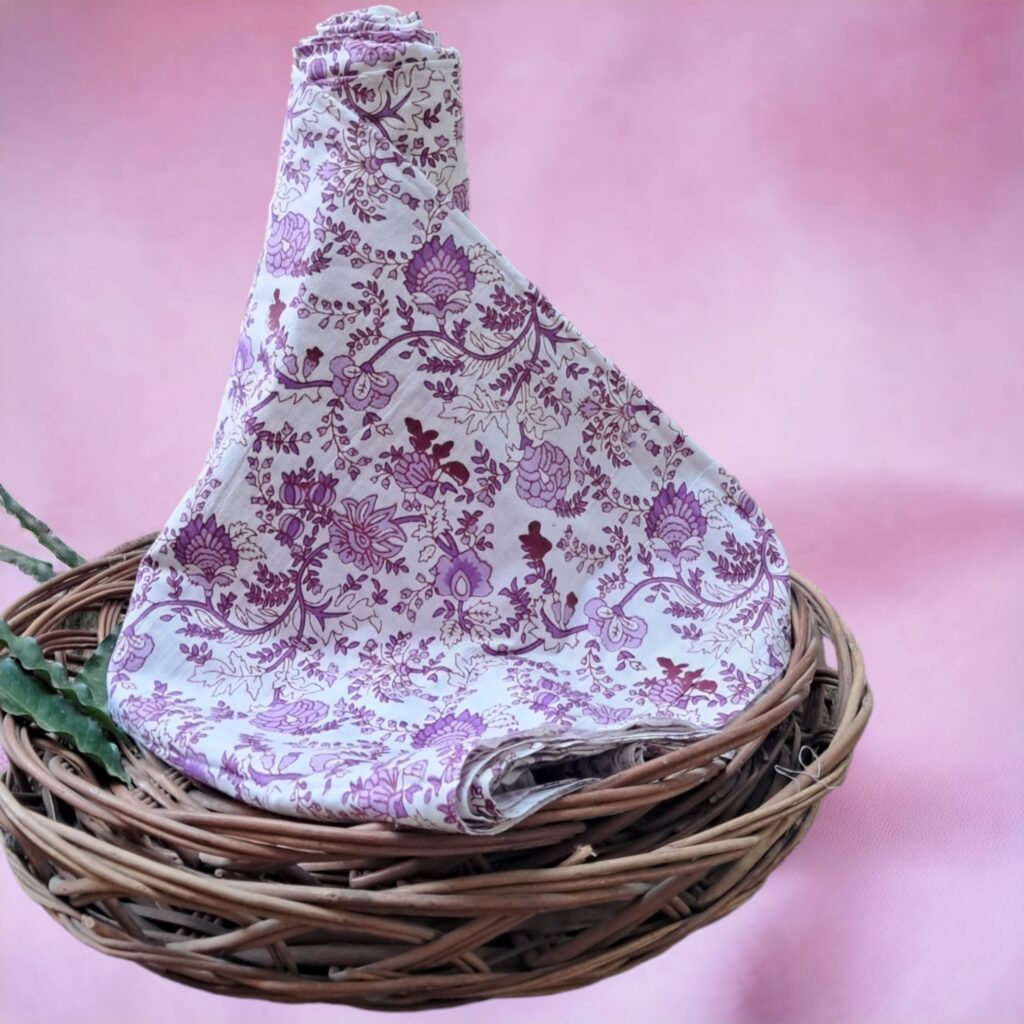 Pure White Cotton With Purple Block Print