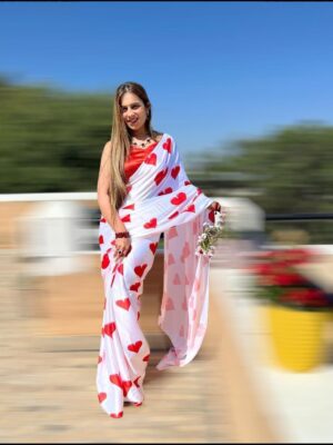 Romantic Satin Saree with Red Hearts Print