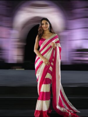 Elegant Satin Saree with Pink and White Stripes
