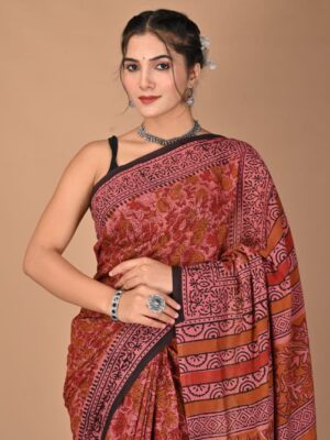 Elegant Cotton saree red block print