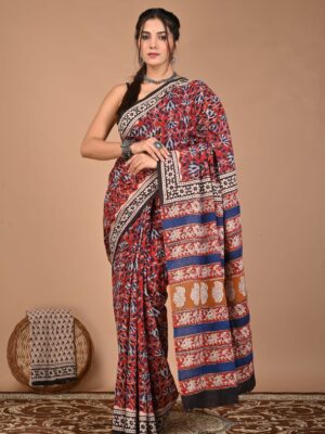 Ajrakh Print Saree Red