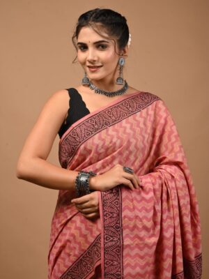 Ajrak Pink Hand block Print Saree