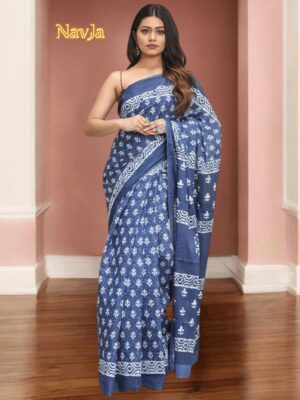 Indigo block print cotton saree