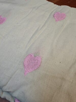 Pink Heart Embroidery Kora Cotton Fabric
