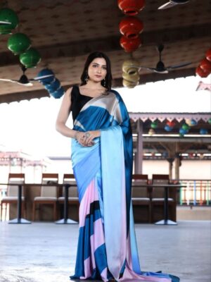 Elegant Multishade Satin Silk Saree – Blue, Pink & Black
