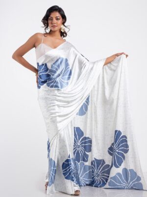 White Satin Saree with Blue Floral Shibori