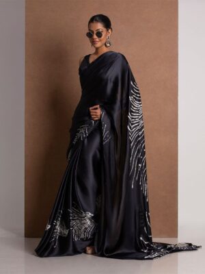 Black Satin Saree with Abstract White Design