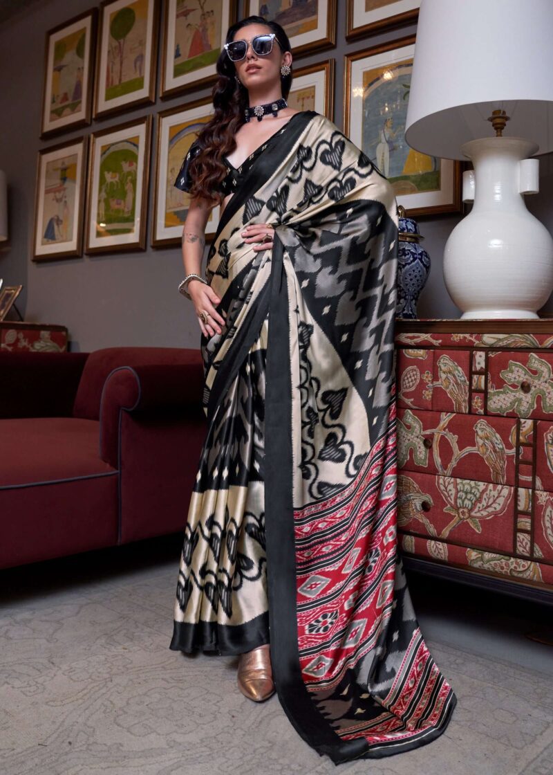 Beige & Black Patola Print Satin Crepe Saree