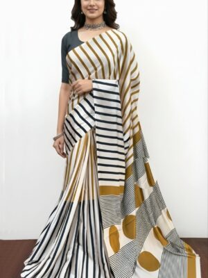 White & Mustard Satin Silk Saree with Modern Stripes & Polka Pallu | Premium Designer Saree