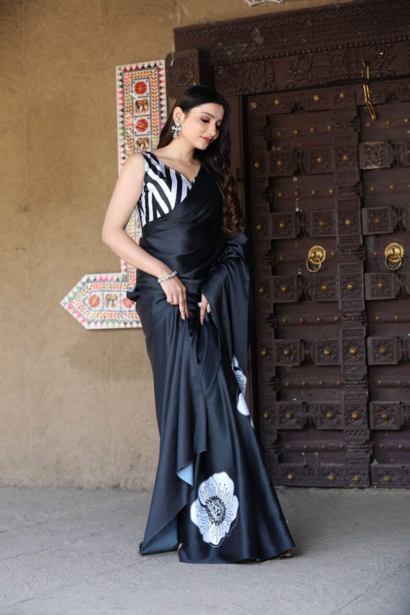 Black Satin Silk black saree