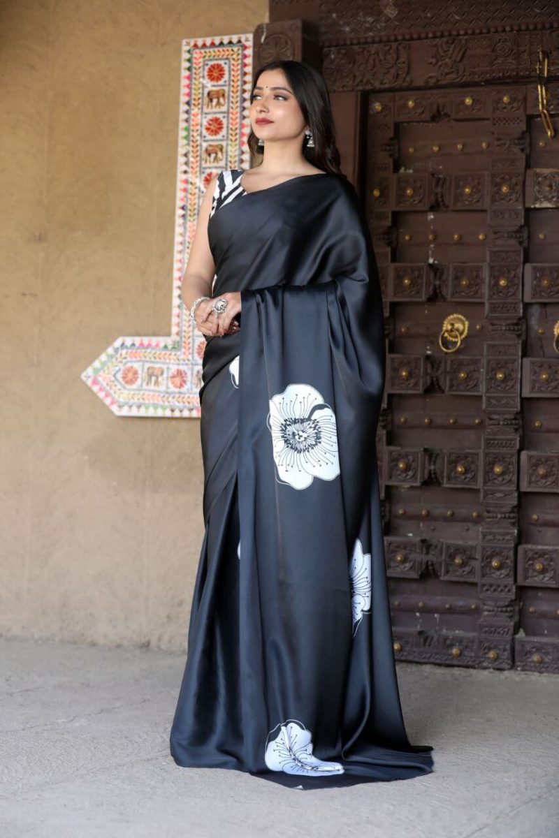 black floral satin saree