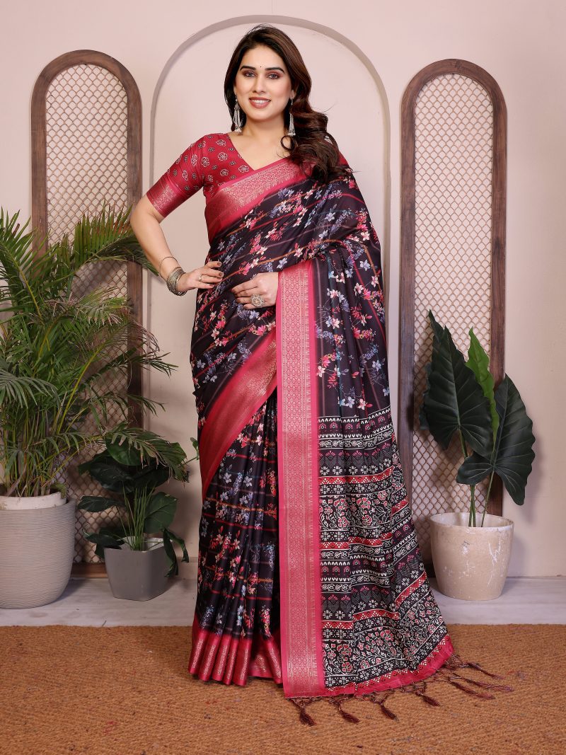 Black cotton silk floral saree