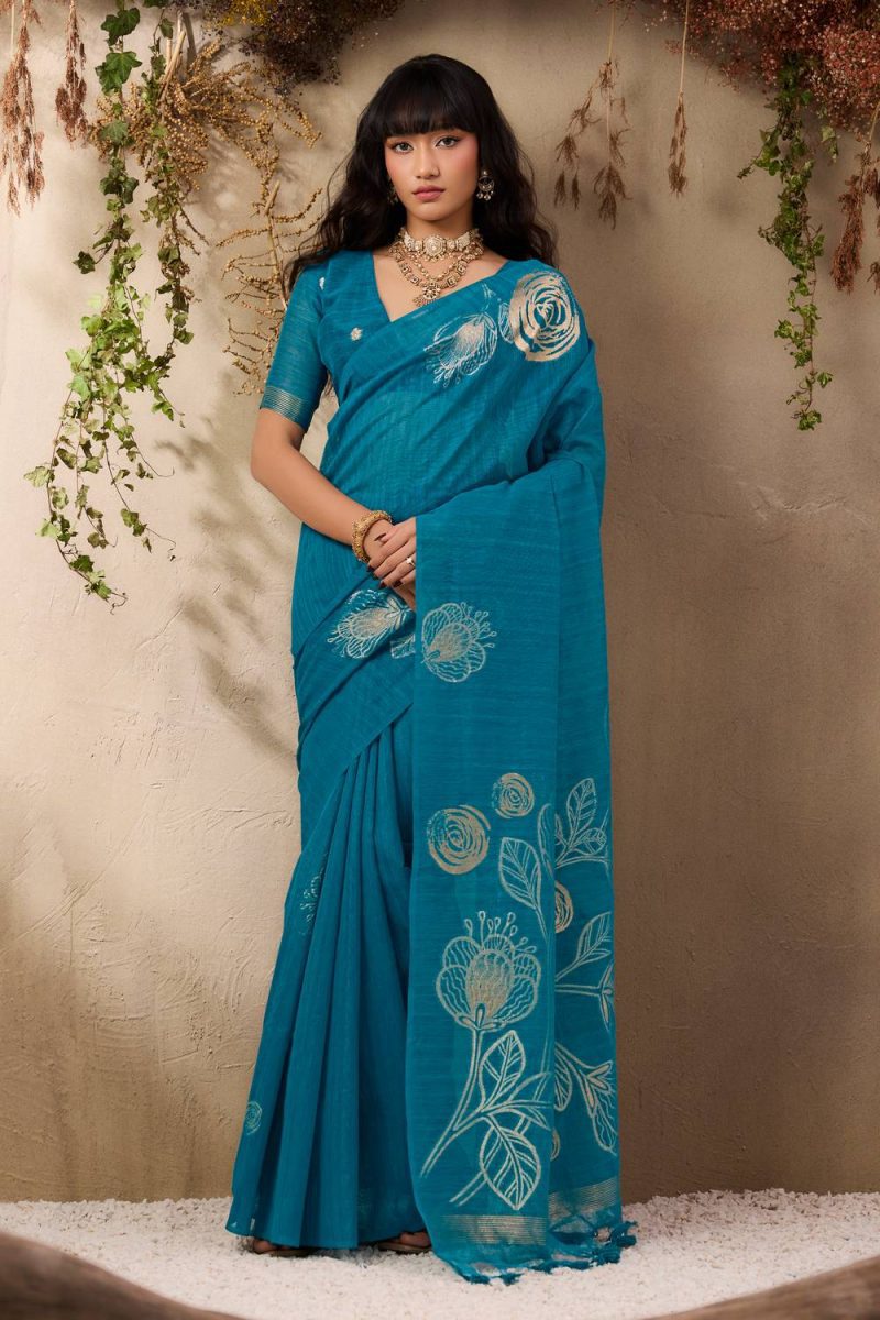 Teal Munga Silk saree hand woven