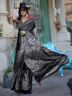 Black Batik Printed Crepe Saree for Women