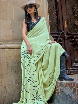 Mint Green Floral Satin Silk Saree