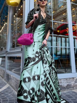 Mint Green Satin Silk Saree with Geometric Print