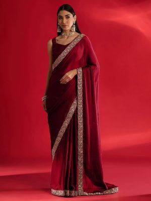 Deep Red Rangoli Silk Saree with Embroidered Sequence Lace Border Saree