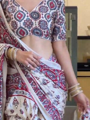 Off White Gajji Silk Saree with Ajrakh Print & Mirror Work