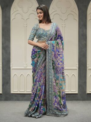 Teal Mirror Work Saree