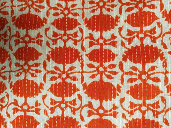 Kantha Fabric With Orange Block Print