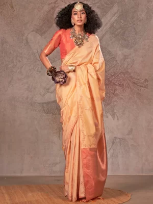 Cream Banarasi Handloom Silk Saree