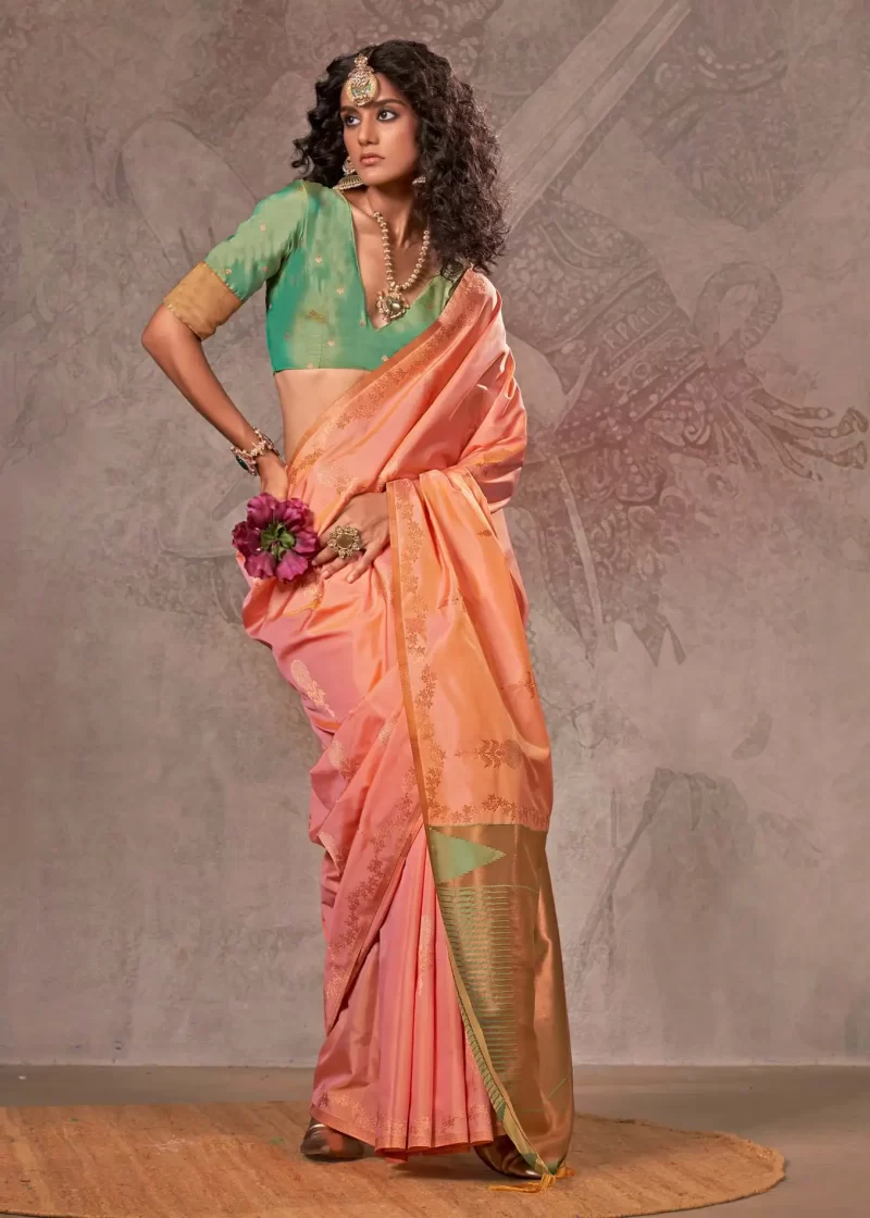 Peach Dual-Tone Banarasi Handloom Silk Saree