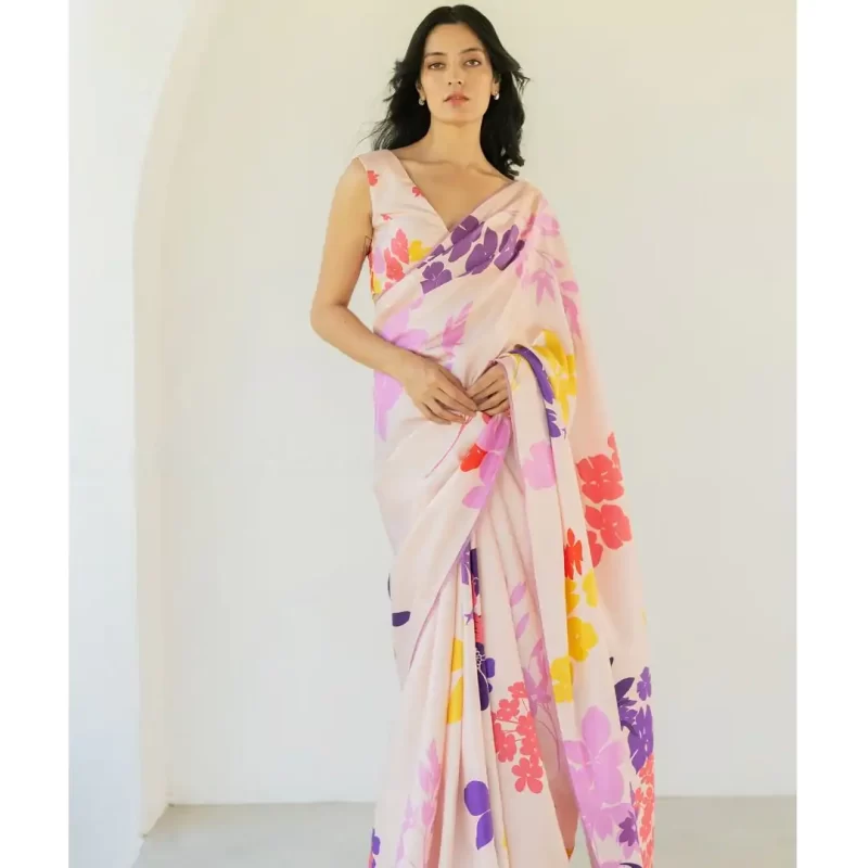 Cream Pink Floral Digital Print Satin Silk Saree
