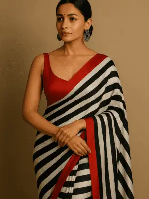 Black and White Striped Satin Silk Saree