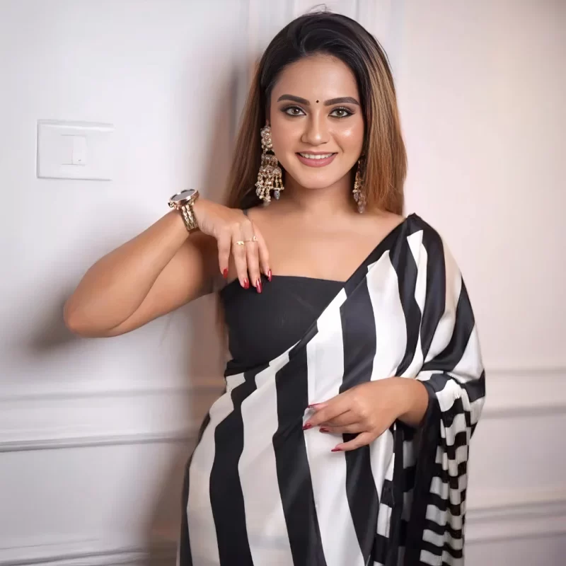 Black & White Striped Satin Silk Saree