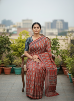 Rust red bloack print saree