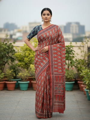 Rust red bloack print saree