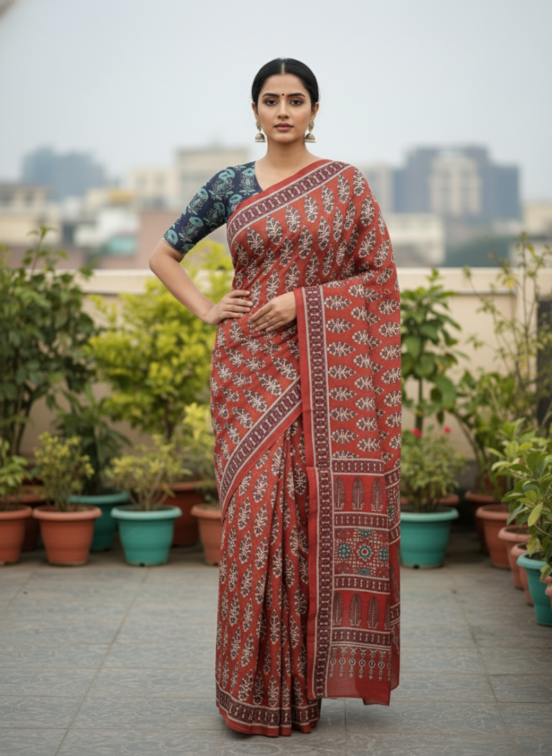 Rust red bloack print saree