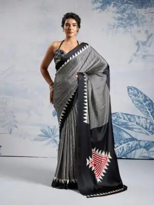 Black Ajrakh Print Satin Crepe Saree for Modern Women