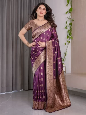Wine color banarasi saree with gold zari