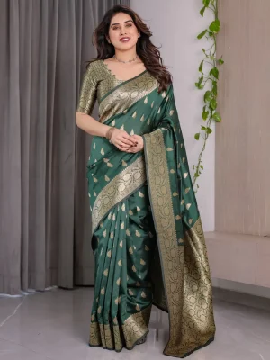 Green banarasi soft lichi silk saree with zari border