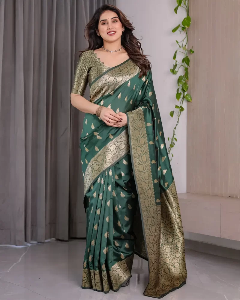 Green banarasi soft lichi silk saree with zari border