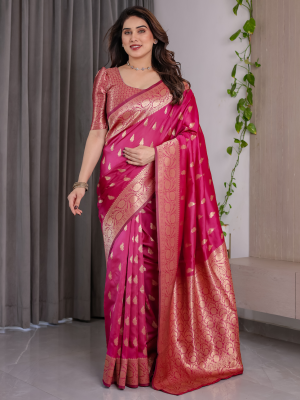 Pink Banarasi soft lichi silk saree with zari border