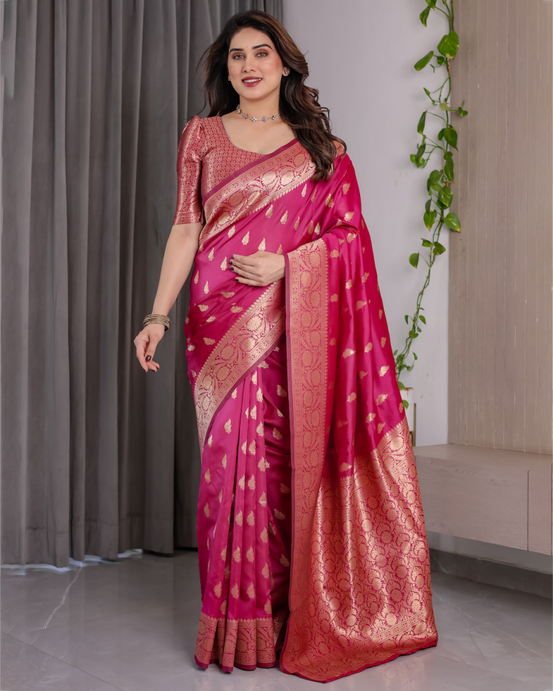 Pink Banarasi soft lichi silk saree with zari border