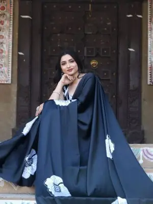 black floral satin saree