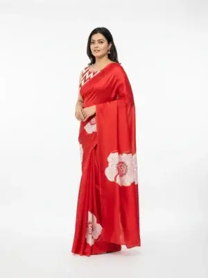 Red Satin Silk Floral Saree