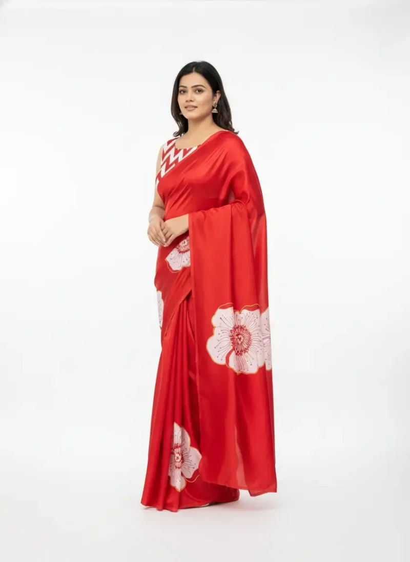 Red Satin Silk Floral Saree