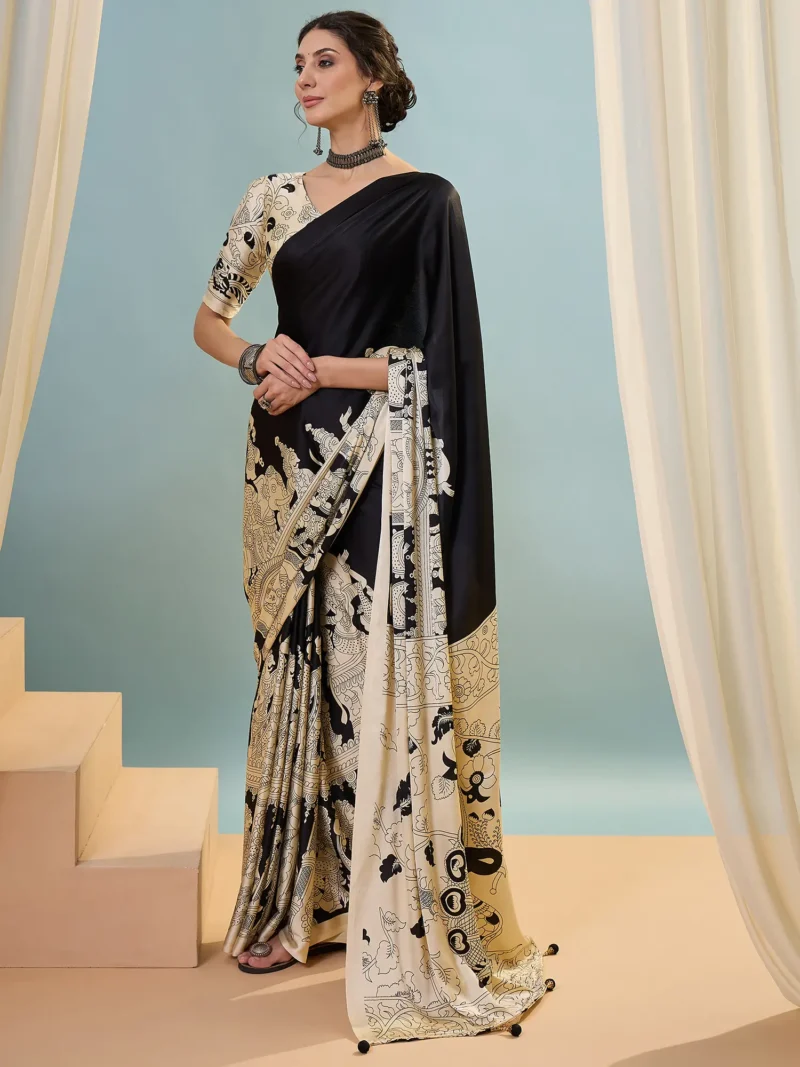 black Modal Satin Saree with Peacock