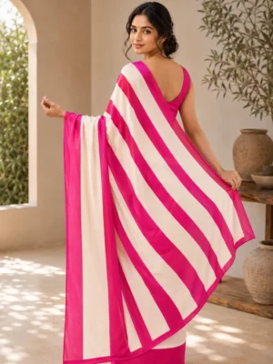 Pink white stripe saree