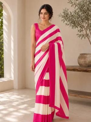 Pink white stripe saree
