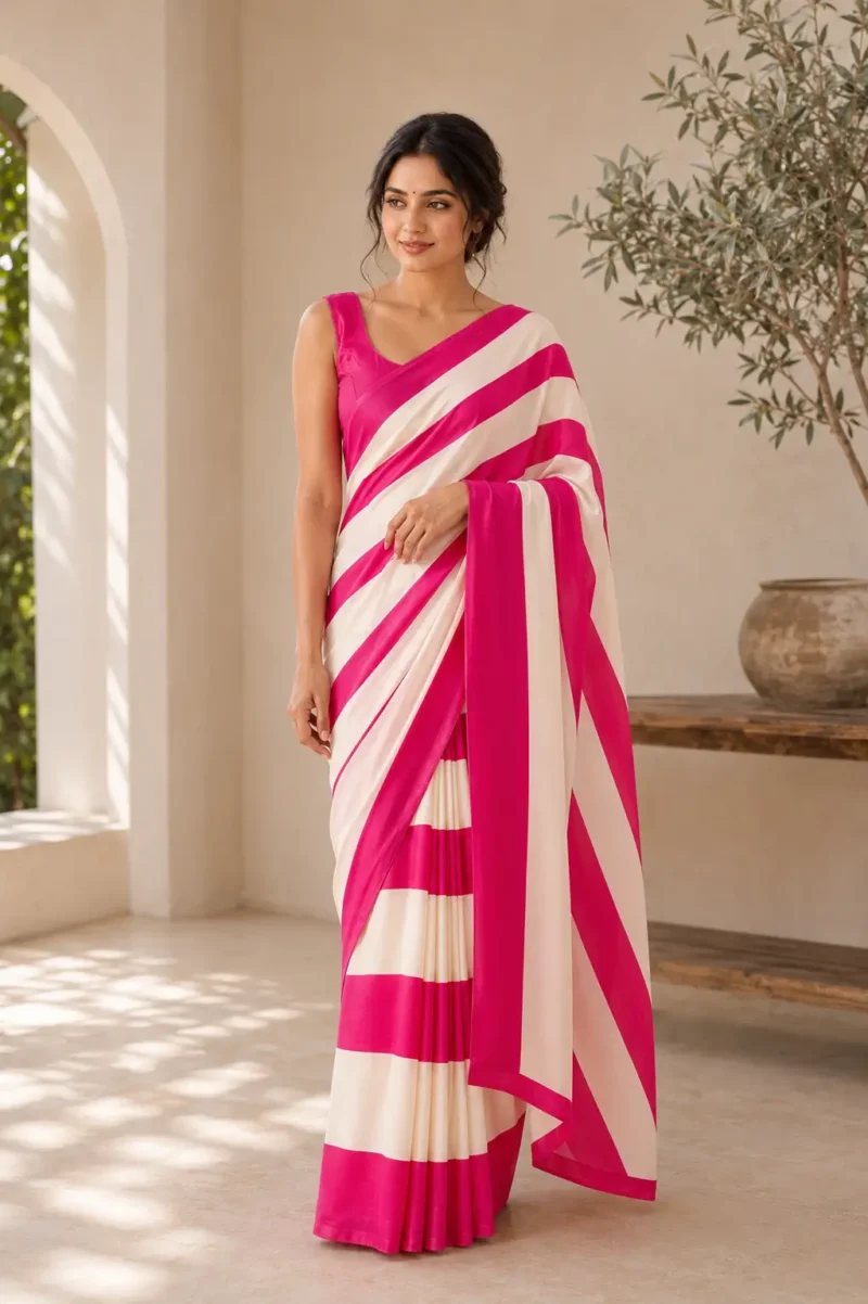 Pink white stripe saree