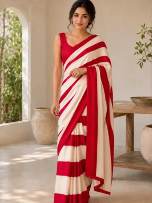 Red and White stripe saree