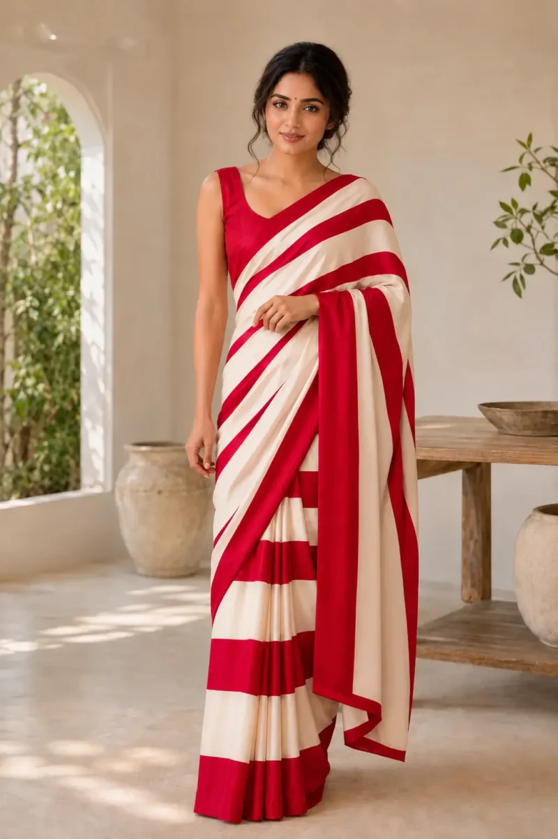 Red and White stripe saree